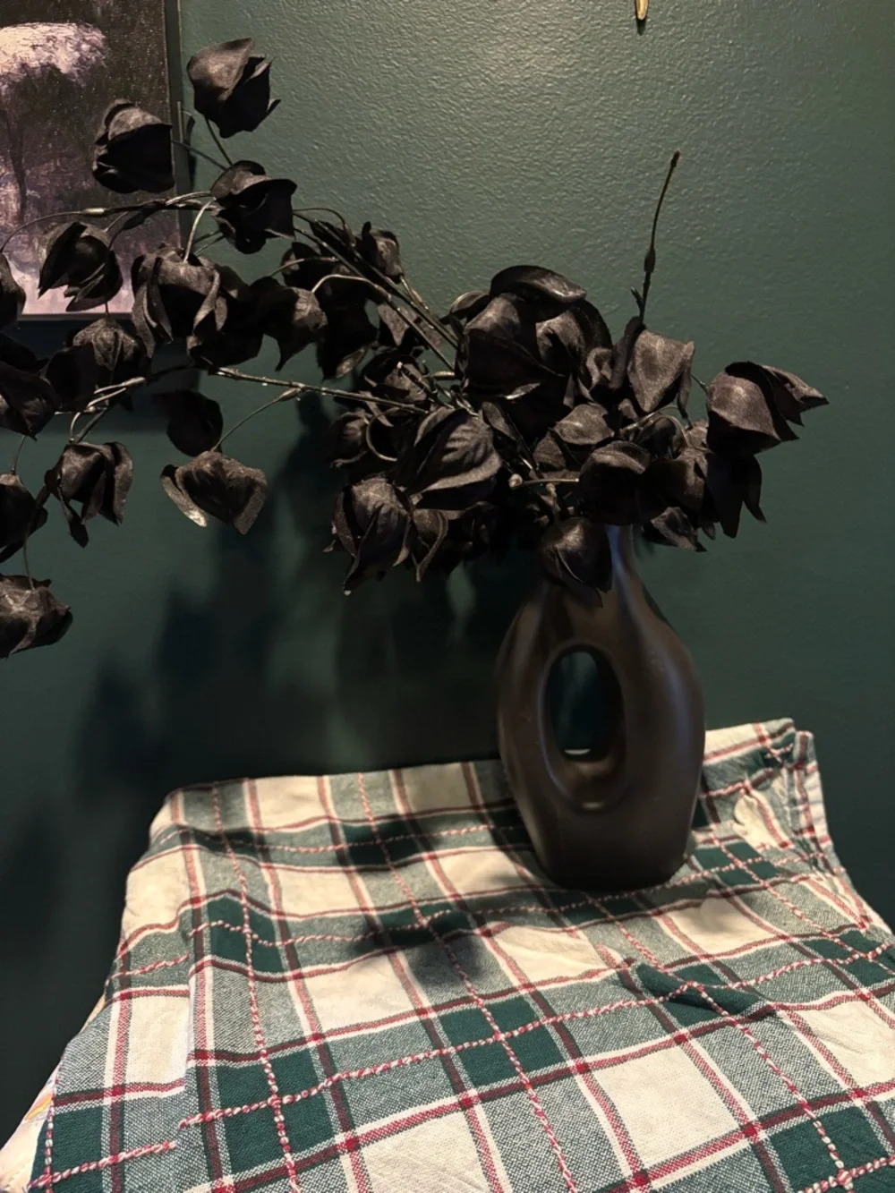 Matte Black Modern Gothic Ceramic Vase with Decorative Black Foliage